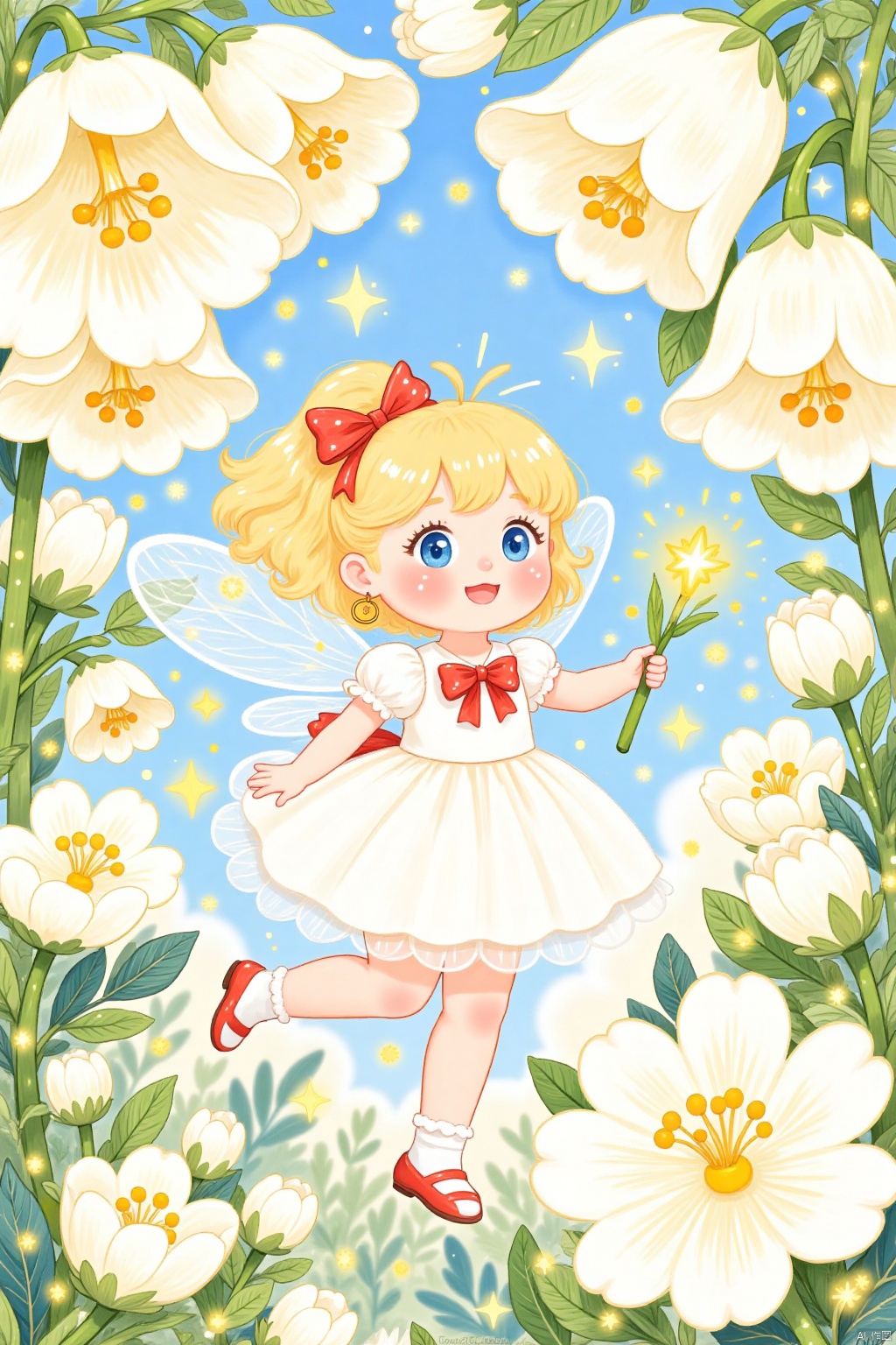cartoon illustration,This is a whimsical cartoon hand-drawn digital illustration,a fairy fairy,wearing a white tulle skirt,long yellow hair,red bow headdress,fairy wings,flying with a fairy stick,the background is a huge white bellflower and bellflower leaves,blue sky and white clouds,lines are outlined,the overall atmosphere is cute and warm and healing,cartoon illustration,