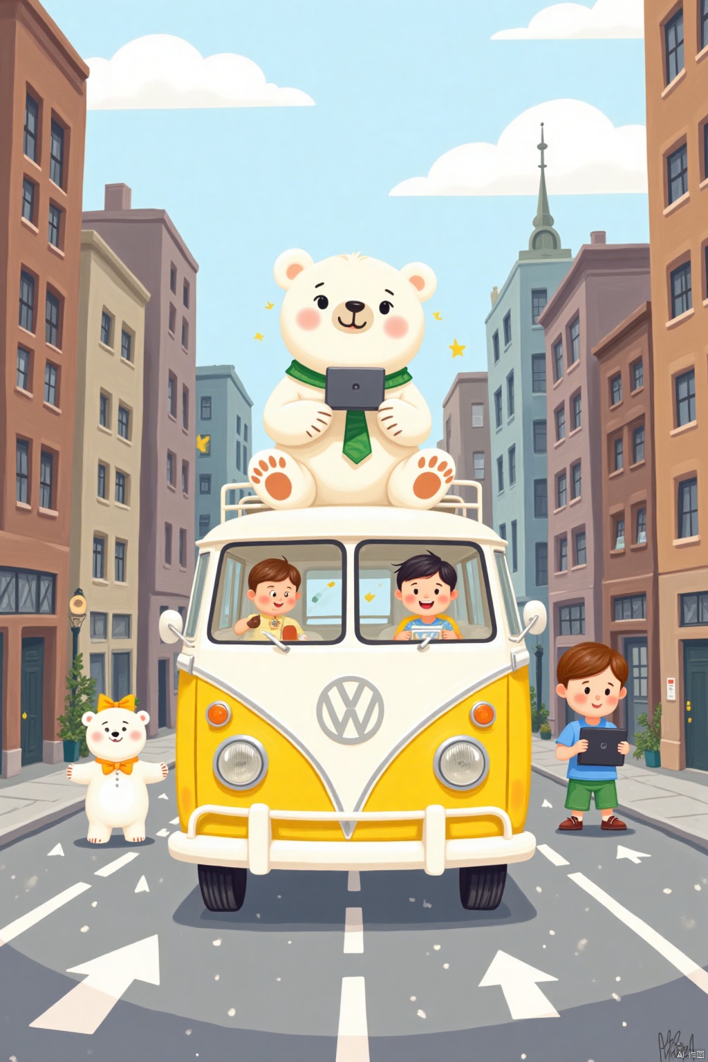 Captured at eye-level, a cartoon depiction of a yellow VW bus with a white polar bear on top of it. The bus is parked on a gray street with white lines painted on it. To the right of the bus is a young boy in a blue shirt and a green tie. The boy is holding a black laptop in his hands. The polar bear is looking at the camera. To his left is a small white bear with a yellow bow on its head. Behind the bear is a row of brown buildings. The sky is a light blue with white clouds.