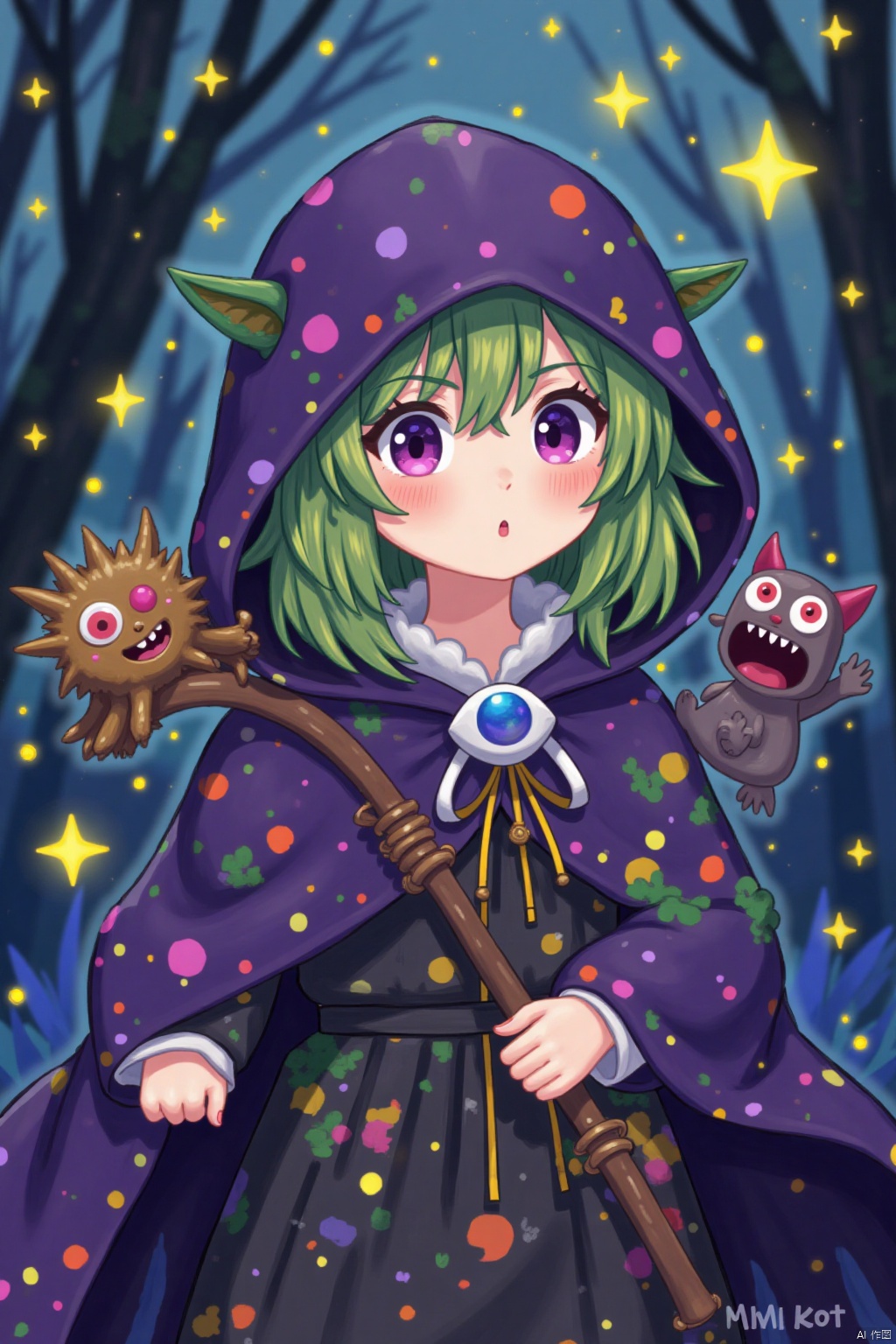 masterpiece, best quality, amazing
quality, veryaesthetic,absurdres,newest, realistic.
1girl,(abstract:1.25), (mage:1.1), (false:1.15), 
(mage:1.1), (pointy ears:0.9927), (purple
eyes:1.0879), (mage staff:0.7507), (scared:0.7835).
(ahoge:1.0074), (green hair:0.7581).
(monster:1.0921), (hooded cloak:1.1347), (pink
pupil:0.8587),(capelet:1.1899),(cloak:0.9765)