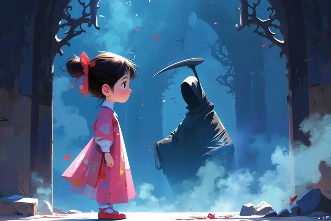 A whimsical cartoon scene unfolds: a young girl, Guanghui's vibrant colors radiating from her bright pink dress and matching bow, stands confidently before a dark silhouette of Death, shrouded in eerie blue mist. Her expressive face, outlined in bold black lines, conveys determination as she converses with the Grim Reaper, who looms behind a vector-style frame of ornate Gothic arches, the color trace effect giving the scene a dreamlike quality.