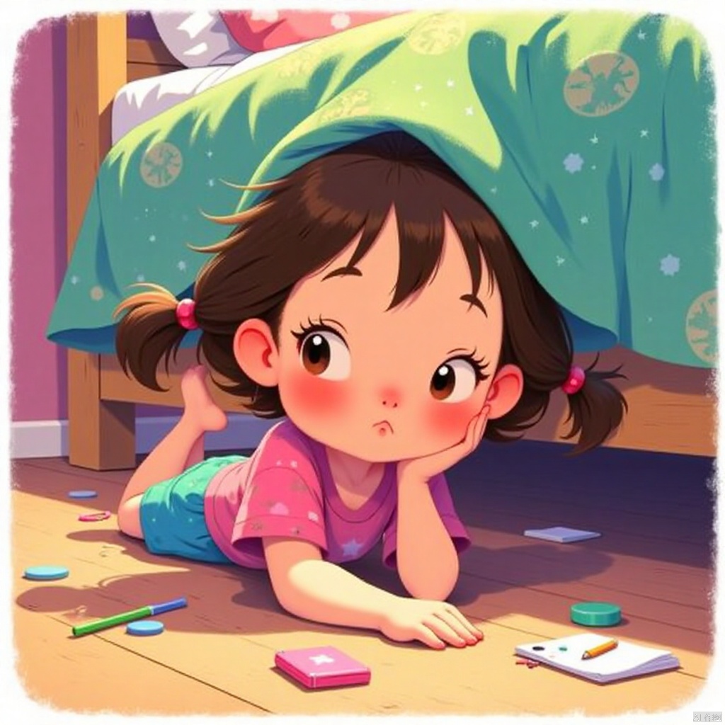 cartoon style,A girl is lying on the ground,and looked for something under the bed,