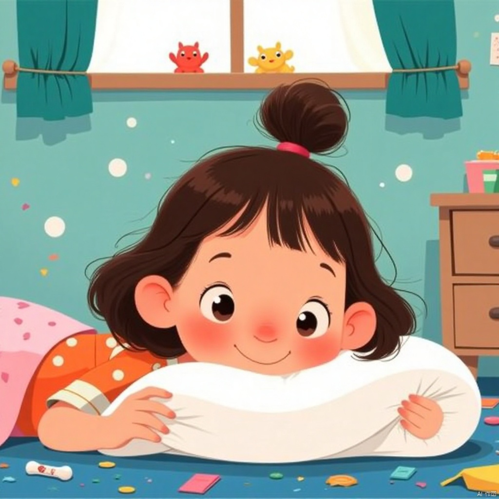 A girl is lying on the ground,and looked for something under the bed,cartoon style,