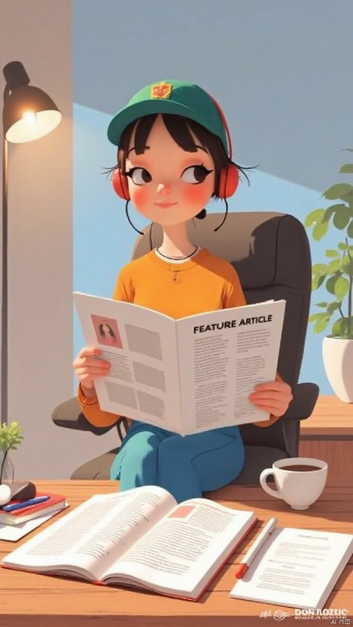 A girl sits confidently in a well-lit studio setting, wearing a peaked cap and sleek headphones. The feature article she's reading is spread out on a nearby desk, with a cup of coffee or notebook nearby. Her facial expression conveys focus and absorption in the material. The overall composition is clean and modern, with a subtle background that adds depth to the scene without distracting from the subject.cartoon style
