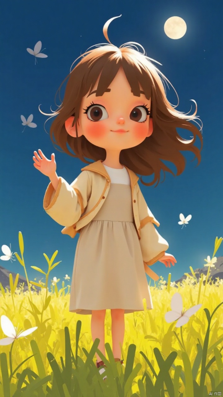 a medium-sized cartoon girl stands in a field of tall grass, her long brown hair cascades over her shoulders. She is dressed in a light-colored dress, adorned with a cream-colored jacket. Her right hand is raised in the air, adding a touch of balance to the scene. The girl's eyes are open, revealing a smile on her face. The background is a deep blue, with a few white butterflies fluttering around her. The grass is a vibrant yellow, and the moon is shining through the leaves, creating a soft glow.