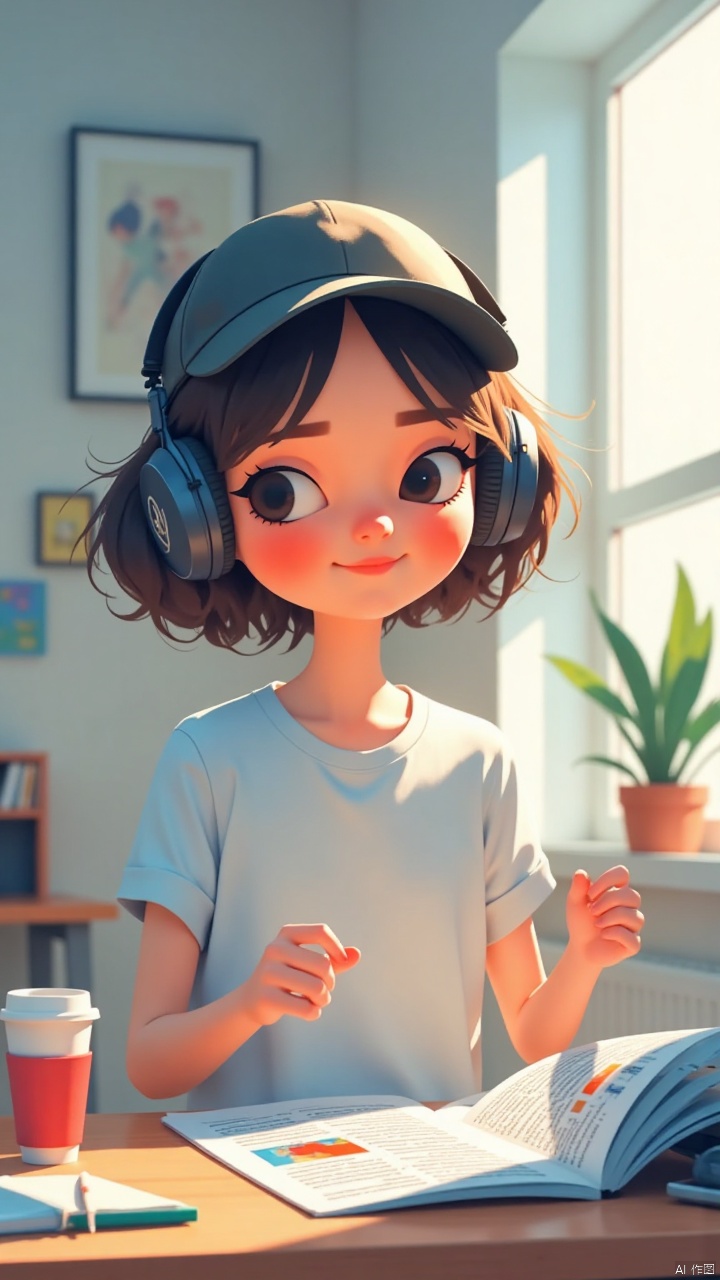 A girl sits confidently in a well-lit studio setting, wearing a peaked cap and sleek headphones. The feature article she's reading is spread out on a nearby desk, with a cup of coffee or notebook nearby. Her facial expression conveys focus and absorption in the material. The overall composition is clean and modern, with a subtle background that adds depth to the scene without distracting from the subject.cartoon style