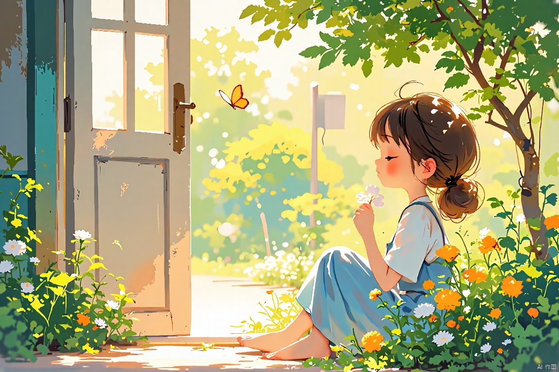 A serene scene unfolds: a lone girl sits peacefully, her brown locks cascading down her back, as she holds a delicate white flower. She wears a flowing dress and is barefoot, embracing the outdoors. The warm sunlight illuminates her closed-mouth smile, casting a gentle glow on the lush greenery surrounding her. A yellow flower blooms nearby, accompanied by a fluttering butterfly and a leafy plant. The window to her left is open, allowing a soft breeze to rustle the foliage. In the distance, the door creaks softly in the morning light, inviting the viewer into this tranquil haven where nature's beauty is savored.