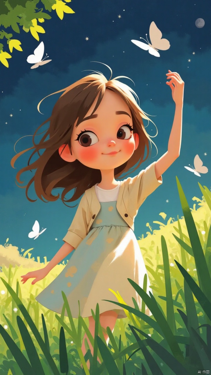 a medium-sized cartoon girl stands in a field of tall grass, her long brown hair cascades over her shoulders. She is dressed in a light-colored dress, adorned with a cream-colored jacket. Her right hand is raised in the air, adding a touch of balance to the scene. The girl's eyes are open, revealing a smile on her face. The background is a Starry sky at night, with a few white butterflies fluttering around her, and the moon is shining through the leaves, creating a soft glow.