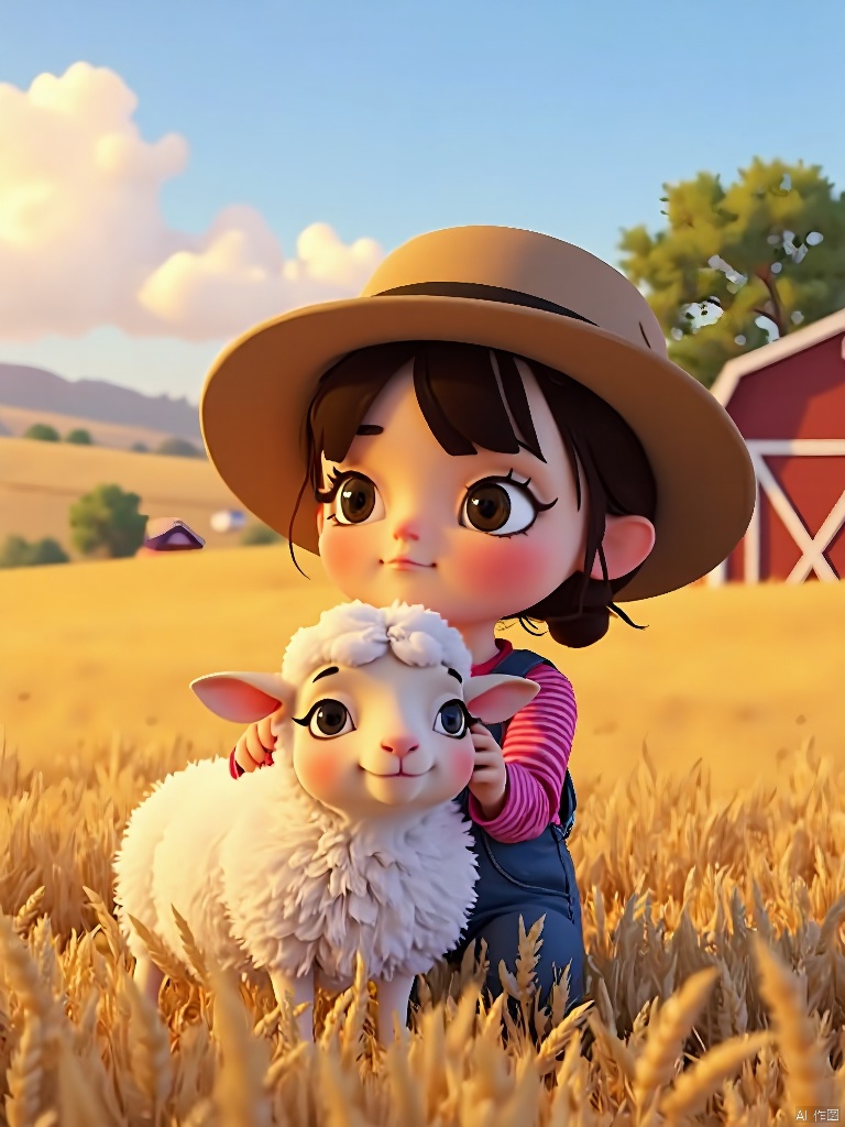 ETHB,Child insertion,
A digital page from a children's book about farm life. A little farmer girl pets a fluffy sheep, both surrounded by a barn and fields of golden wheat. The sheep's eyes are soft and content, positioned near the bottom of the frame. The background fades into a distant landscape of rolling hills, emphasizing the simplicity of farm life. The aesthetic is rustic, with earthy tones and charming details. It fuses digital illustration with a farm-themed setting.,guanghui,color trace,