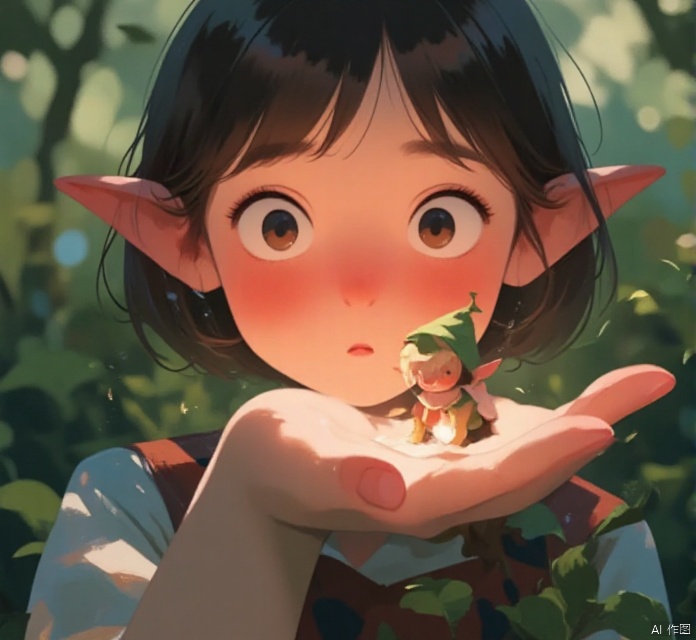 The girl looked at the elf in her hand in surprise,close-up,macro_shot,facing viewer