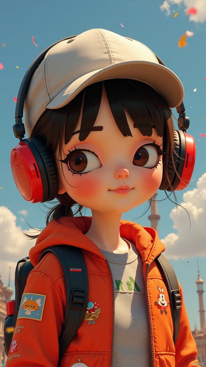1girl,Wear headphones,Feature article,peaked cap