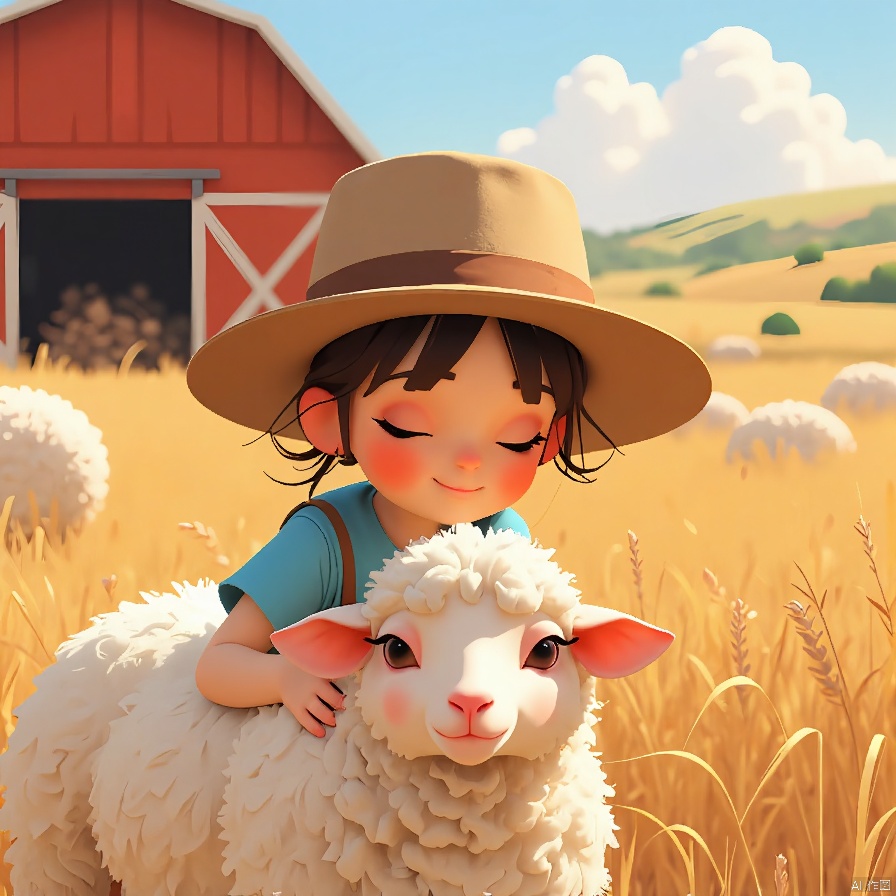 ETHB,Child insertion,
A digital page from a children's book about farm life. A little farmer girl pets a fluffy sheep, both surrounded by a barn and fields of golden wheat. The sheep's eyes are soft and content, positioned near the bottom of the frame. The background fades into a distant landscape of rolling hills, emphasizing the simplicity of farm life. The aesthetic is rustic, with earthy tones and charming details. It fuses digital illustration with a farm-themed setting,guanghui,color trace,vector style