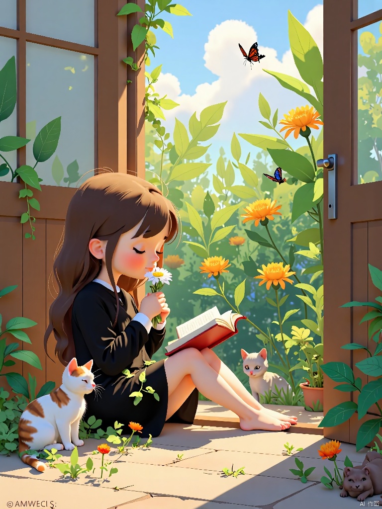 1girl, solo, long hair, brown hair, black hair, long sleeves, dress, holding, sitting, closed mouth, closed eyes, flower, outdoors, barefoot, day, indoors, book, bare legs, window, animal, leaf, cat, sleeping, bug, plant, white flower, butterfly, yellow flower, door
