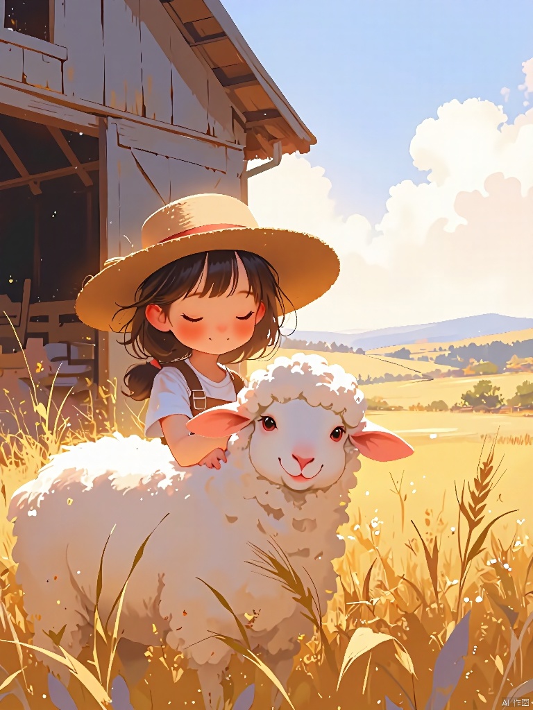 ETHB,Child insertion,
A digital page from a children's book about farm life. A little farmer girl pets a fluffy sheep, both surrounded by a barn and fields of golden wheat. The sheep's eyes are soft and content, positioned near the bottom of the frame. The background fades into a distant landscape of rolling hills, emphasizing the simplicity of farm life. The aesthetic is rustic, with earthy tones and charming details. It fuses digital illustration with a farm-themed setting.,guanghui,color trace,