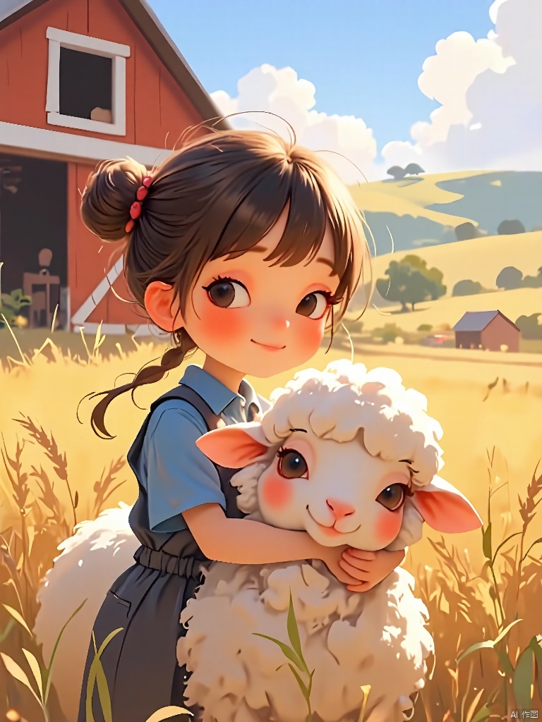 ETHB,Child insertion,
A digital page from a children's book about farm life. A little farmer girl pets a fluffy sheep, both surrounded by a barn and fields of golden wheat. The sheep's eyes are soft and content, positioned near the bottom of the frame. The background fades into a distant landscape of rolling hills, emphasizing the simplicity of farm life. The aesthetic is rustic, with earthy tones and charming details. It fuses digital illustration with a farm-themed setting.,guanghui,color trace,