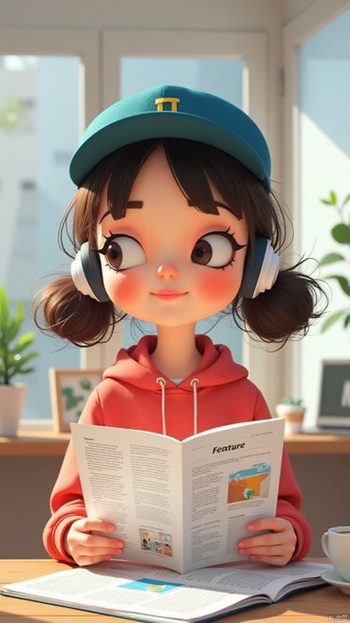 A girl sits confidently in a well-lit studio setting, wearing a peaked cap and sleek headphones. The feature article she's reading is spread out on a nearby desk, with a cup of coffee or notebook nearby. Her facial expression conveys focus and absorption in the material. The overall composition is clean and modern, with a subtle background that adds depth to the scene without distracting from the subject.cartoon style
