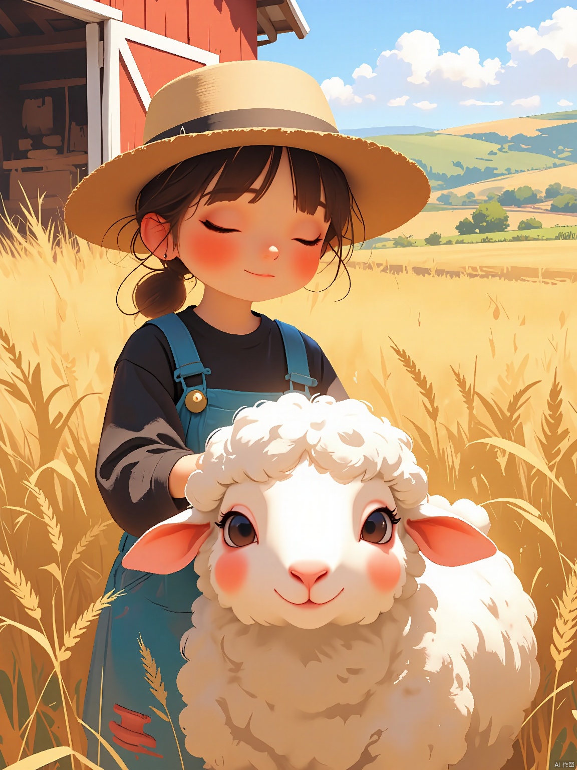 ETHB,Child insertion,
A digital page from a children's book about farm life. A little farmer girl pets a fluffy sheep, both surrounded by a barn and fields of golden wheat. The sheep's eyes are soft and content, positioned near the bottom of the frame. The background fades into a distant landscape of rolling hills, emphasizing the simplicity of farm life. The aesthetic is rustic, with earthy tones and charming details. It fuses digital illustration with a farm-themed setting.,guanghui,color trace,