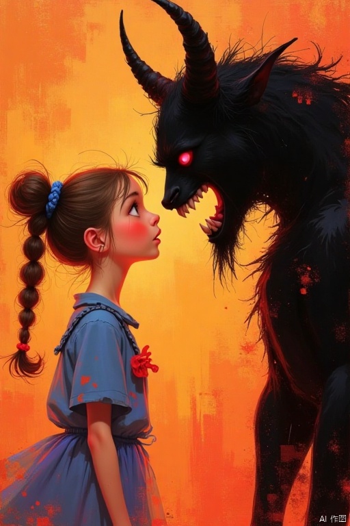A girl is talking to the devil, cartoon style,oil painting