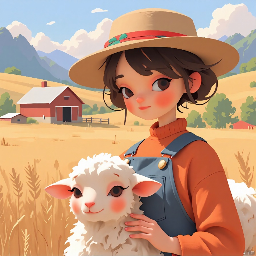 ETHB,Child insertion,
A digital page from a children's book about farm life. A little farmer girl pets a fluffy sheep, both surrounded by a barn and fields of golden wheat. The sheep's eyes are soft and content, positioned near the bottom of the frame. The background fades into a distant landscape of rolling hills, emphasizing the simplicity of farm life. The aesthetic is rustic, with earthy tones and charming details. It fuses digital illustration with a farm-themed setting.,guanghui,color trace,,vector style