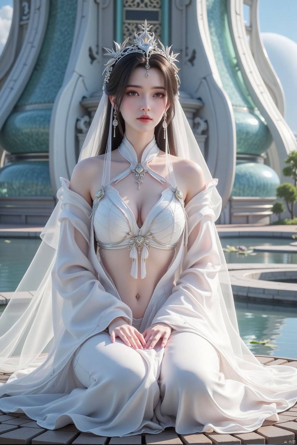A beautiful woman is sitting on a lotus platform,squinting her eyes and casually placing her hands on her knees. She wears a Taoist headdress on her head and a white translucent veil on her body,with a serene expression on her face. Her outer garment has an open collar,and her skin texture is clear with exquisite details. The background is a super large futuristic ancient building that combines modern metal and glass technology. There is a planet in the background.,