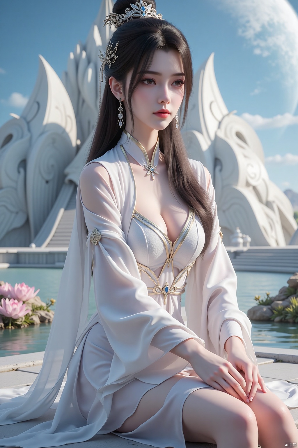 A beautiful woman is sitting on a lotus platform,squinting her eyes and casually placing her hands on her knees. She wears a Taoist headdress on her head and a white translucent veil on her body,with a serene expression on her face. Her outer garment has an open collar,and her skin texture is clear with exquisite details. The background is a super large futuristic ancient building that combines modern metal and glass technology. There is a planet in the background.,