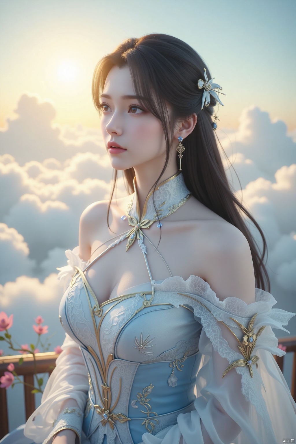 A quiet and mysterious fantasy world where soft clouds float in the sky and the sun shines golden light through the clouds. Her costumes are adorned with intricate white lace details,which are like fine works of art and show exquisite craftsmanship. She wears a delicate necklace around her neck,which is inlaid with bright precious stones,shining brightly in the sun. There can be some fantastic elements in the scene,such as floating islands,mysterious forests or exotic flowers. Use light and shadow effects to enhance the three-dimensional sense and depth of the picture,such as the gradual change of light and shadow behind the hero,creating a dreamy atmosphere. Use soft color combinations,such as light blue and white gradients,and some gold and silver embellishments to enhance the harmony of the picture.,