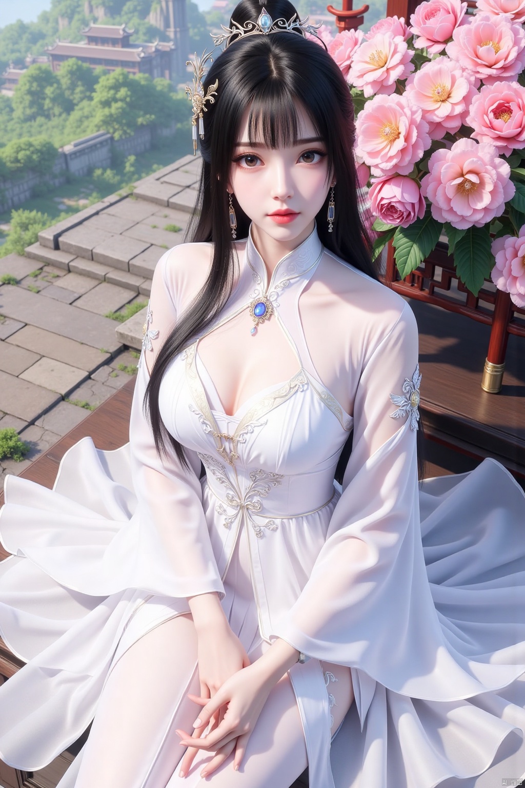 1girl,black hair,brown eyes,dress,earrings,gem,hair ornament,jewelry,grey eyes,long hair,looking at viewer,medium breasts,necklace,red lips,solo,tiara,white dress,realistic,chinese clothes,long sleeves,pendant,black eyes,flowers,huge flowers,parks,meadows,(Full-body:1.4),Long skirts,cloth shoes,(Sitting:1.4),Dynamic angles,dynamic poses,The palace,the ancient buildings,
