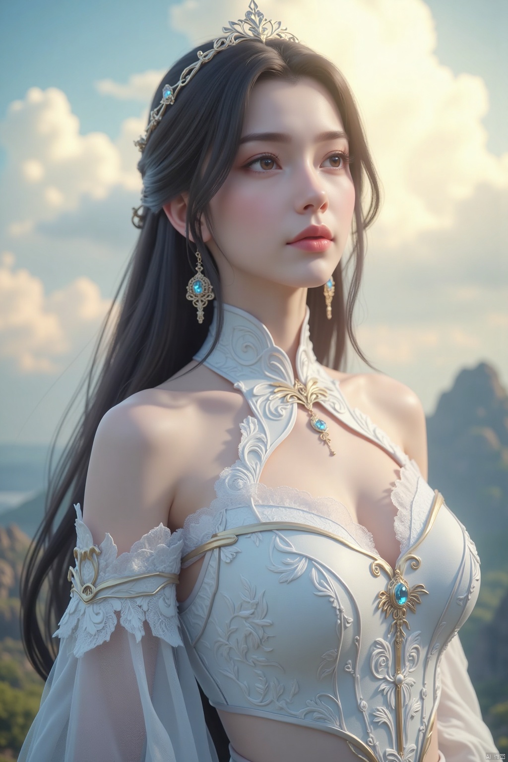 A quiet and mysterious fantasy world where soft clouds float in the sky and the sun shines golden light through the clouds. Her costumes are adorned with intricate white lace details,which are like fine works of art and show exquisite craftsmanship. She wears a delicate necklace around her neck,which is inlaid with bright precious stones,shining brightly in the sun. There can be some fantastic elements in the scene,such as floating islands,mysterious forests or exotic flowers. Use light and shadow effects to enhance the three-dimensional sense and depth of the picture,such as the gradual change of light and shadow behind the hero,creating a dreamy atmosphere. Use soft color combinations,such as light blue and white gradients,and some gold and silver embellishments to enhance the harmony of the picture.,