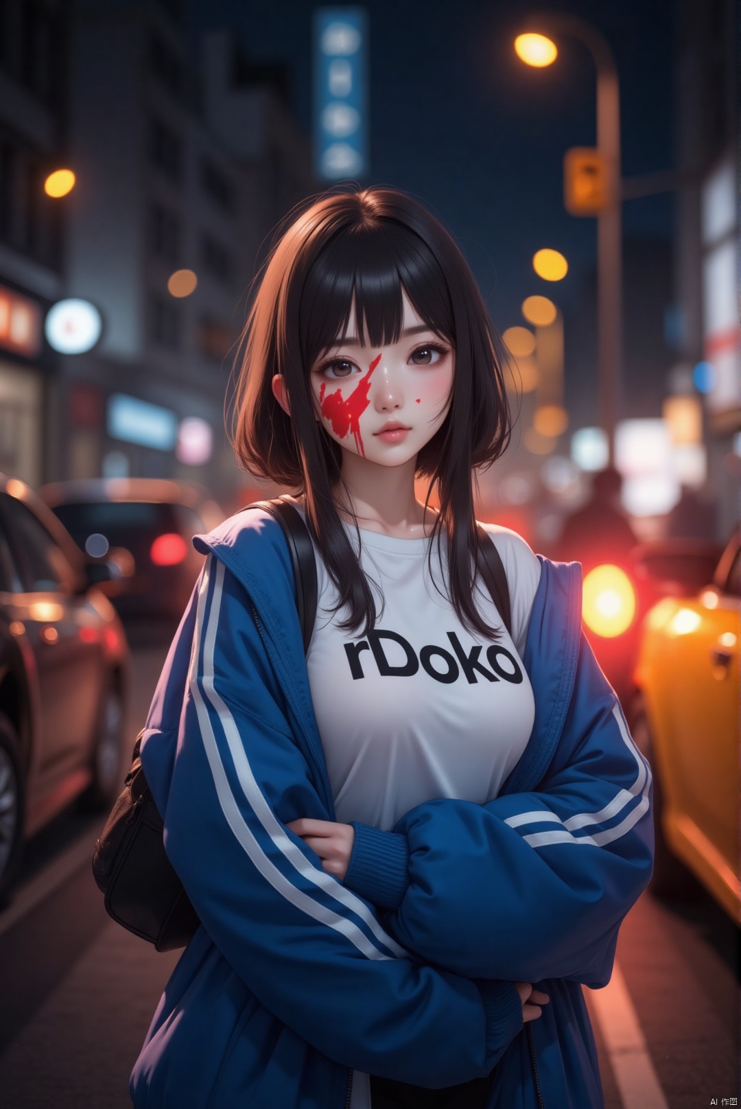 a young Asian woman with long dark hair and a white t-shirt bearing the bold black letters 'rDoko'. She's wrapped in a blue jacket featuring a striking white stripe down the left side. A vibrant splash of red paint covers her face, harmonizing with the city street backdrop at night. A yellow car is parked to the right, illuminated by a fiery red light that contrasts sharply with the woman's outfit.