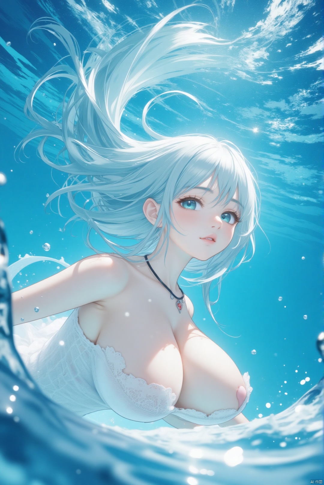 Underwater,  a lone girl with aqua-blue hair flows like fluid through the waves. Her long locks dance around her face as s...