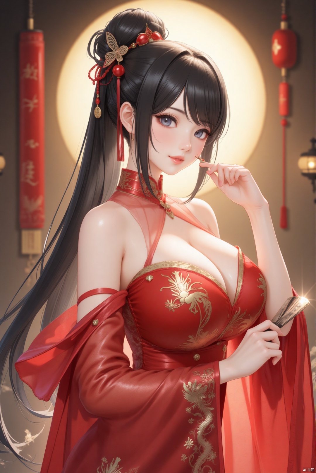 A stunning Chinese-inspired portrait of a young woman. She stands solo,  wearing a vibrant red China dress adorned with in...