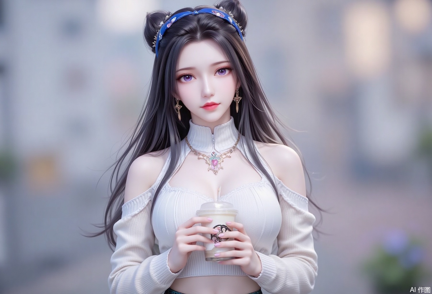 baoshi,lvjing,black hair,long hair,purple eyes,fair_skin,double bun,fair_skin,jewelry,earrings,1girl,skirt,plaid skirt,realistic,solo,plaid,cup,blurry background,blurry,looking at viewer,holding,disposable cup,holding cup,hairband,sweater,necklace,crop top,blue hairband,midriff,shirt,jewelry,white sweater,off shoulder,white shirt,4,cover,simple background,gradient background,close-up details,outstanding style,adding a touch of dimension to your images without compromising details,close-up