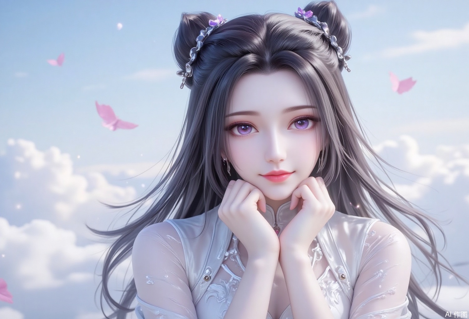 baoshi,lvjing,a beautiful portrait,a beautiful girl with both hands on the chin,show a shallow smile,the white theme,the background is dreamy sky,double bun head,long black hair,purple eyes