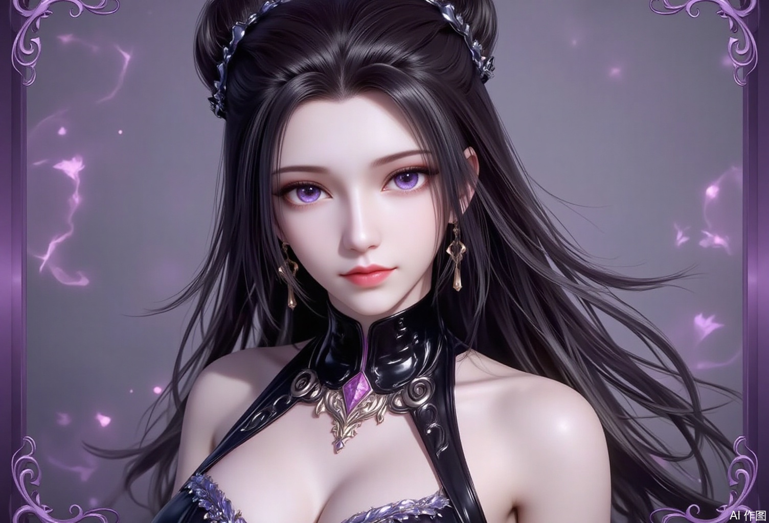 baoshi,lvjing,black hair,long hair,purple eyes,fair_skin,double bun,fair_skin,jewelry,earrings,1girl,solo,earrings,jewelry,looking at viewer,breasts,tarot,collarbone,upper body,dress,closed mouth,card \(medium\),tarot \(medium\),frills,border,cover,gradient background,close-up details,outstanding style,adding a touch of dimension to your images without compromising details,close-up