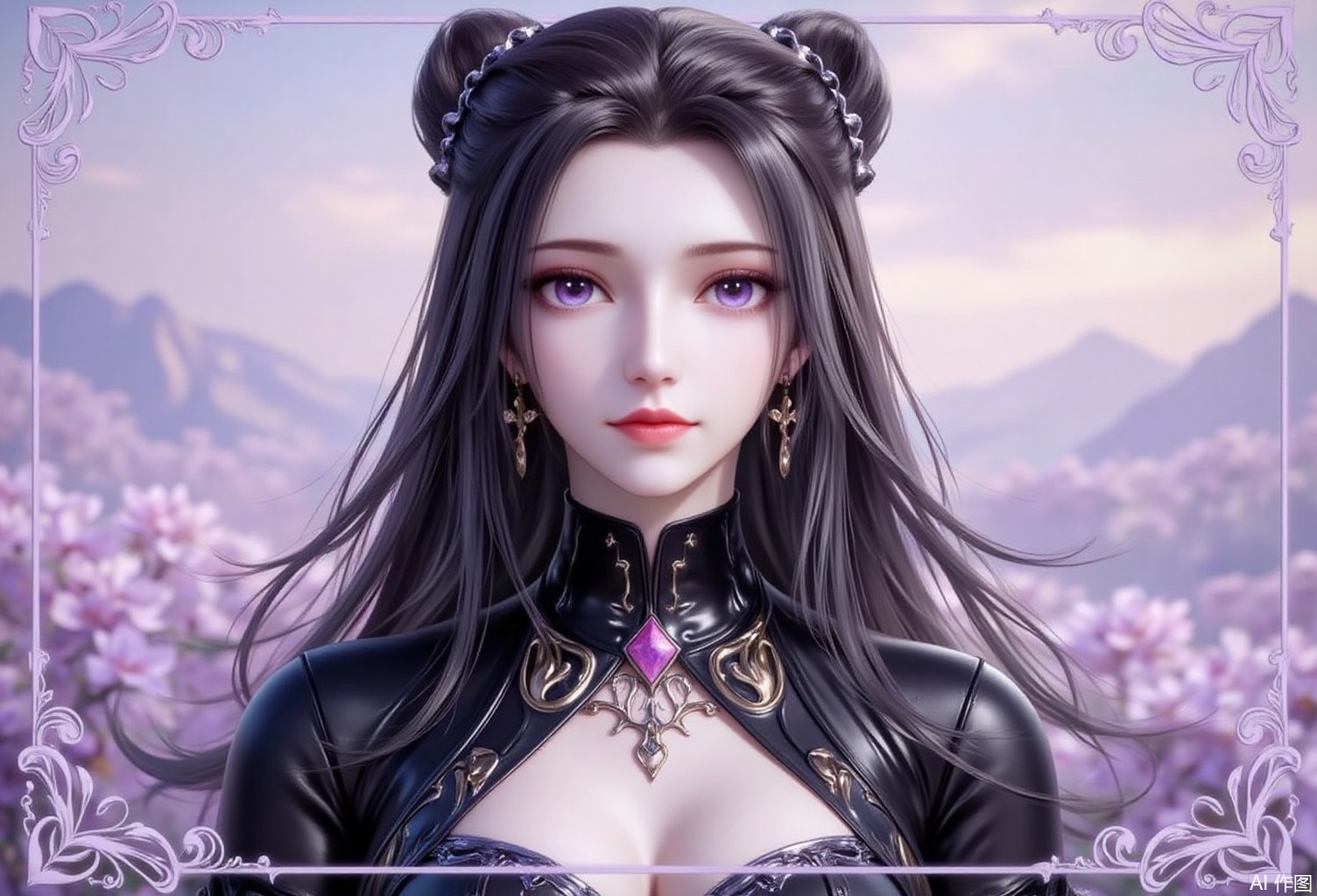 baoshi,lvjing,black hair,long hair,purple eyes,fair_skin,double bun,fair_skin,jewelry,earrings,1girl,solo,earrings,jewelry,looking at viewer,breasts,tarot,collarbone,upper body,dress,closed mouth,card \(medium\),tarot \(medium\),frills,border,cover,gradient background,close-up details,outstanding style,adding a touch of dimension to your images without compromising details,close-up
