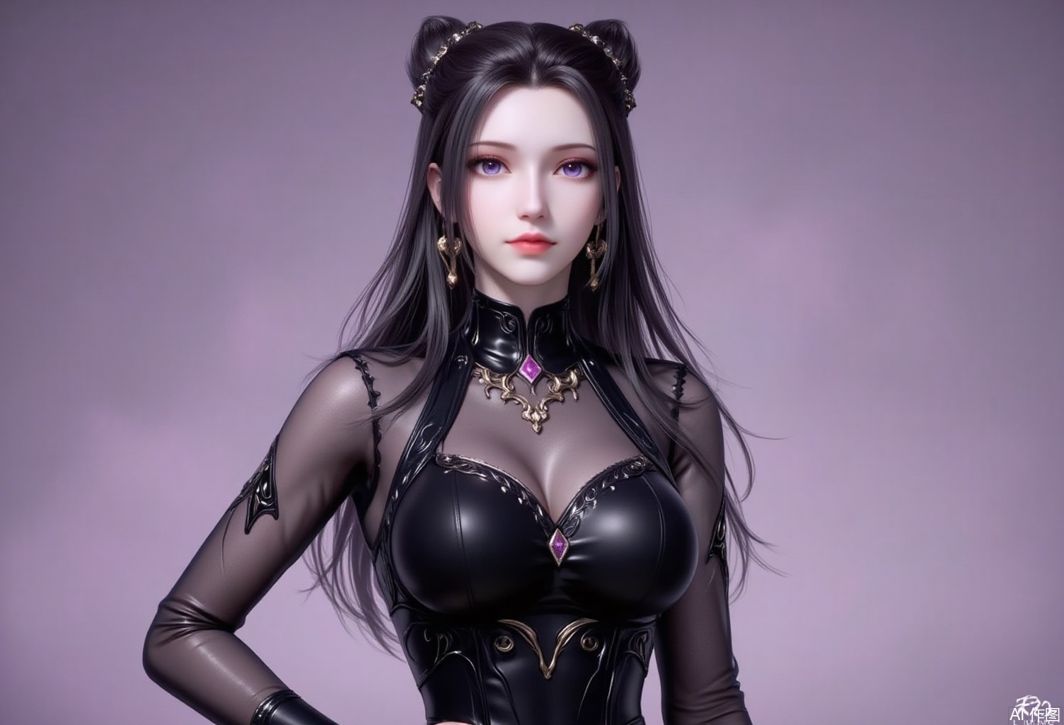 baoshi,lvjing,black hair,long hair,purple eyes,fair_skin,double bun,fair_skin,jewelry,earrings,1girl,solo,jewelry,earrings,see-through,dress,upper body,black dress,hand on own hip,breasts,see-through sleeves,13,cover,simple background,gradient background,close-up details,outstanding style,adding a touch of dimension to your images without compromising details,close-up,