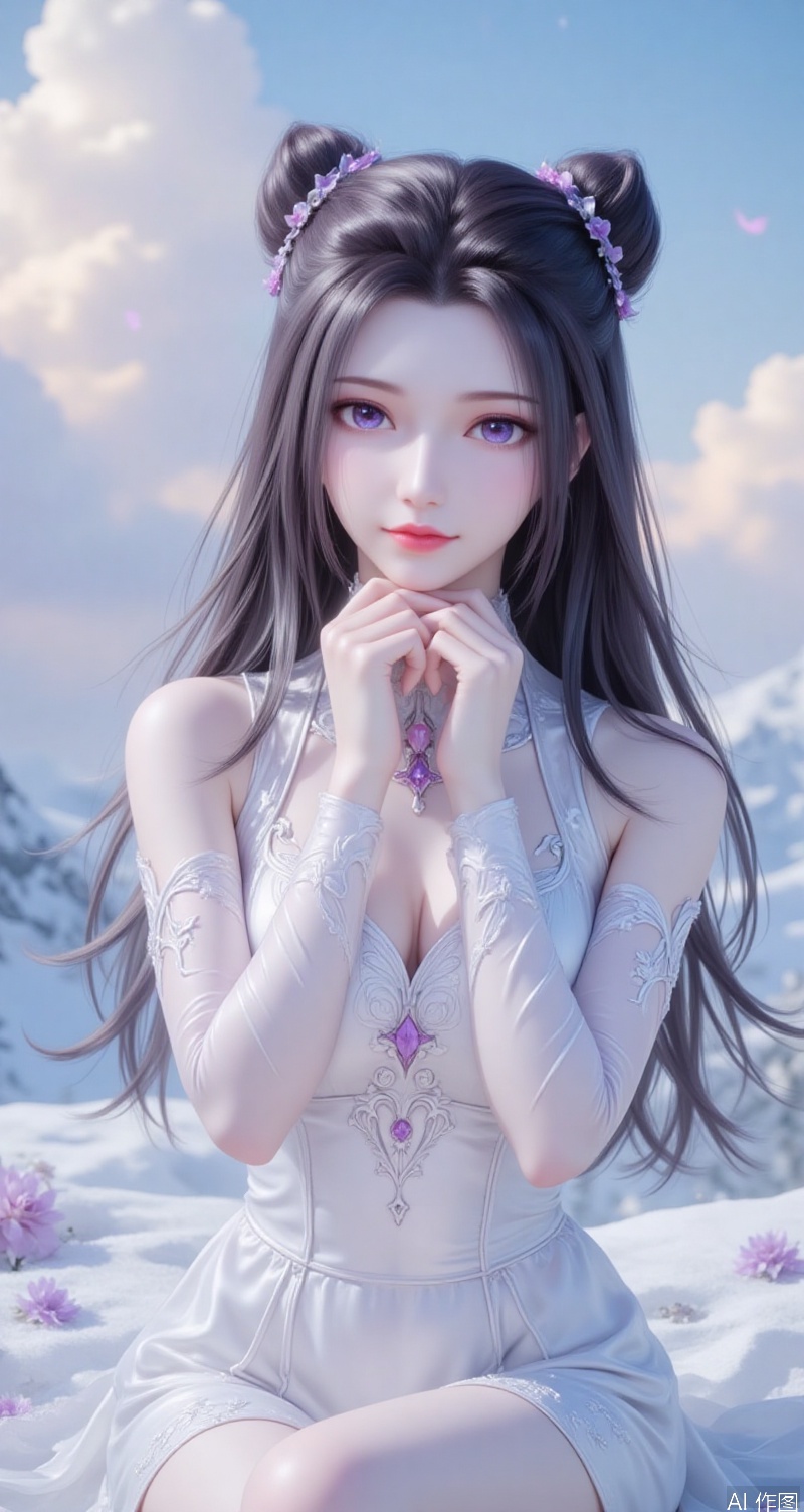 a beautiful portrait,a beautiful girl with both hands on the chin,show a shallow smile,the white theme,the background is dreamy sky,double bun head,long black hair,purple eyes,pose an enchanting pose,