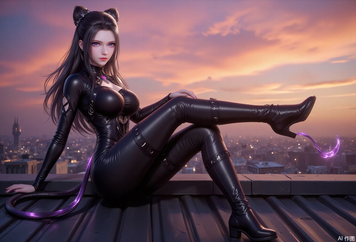 baoshi,lvjing,a beautiful girl sitting on the roof in leather tights and knee-high thigh boots,lift a leg,a fake tail,double bun head,long black hair,purple eyes,pose an enchanting pose,the background is a fantastic sunset city,