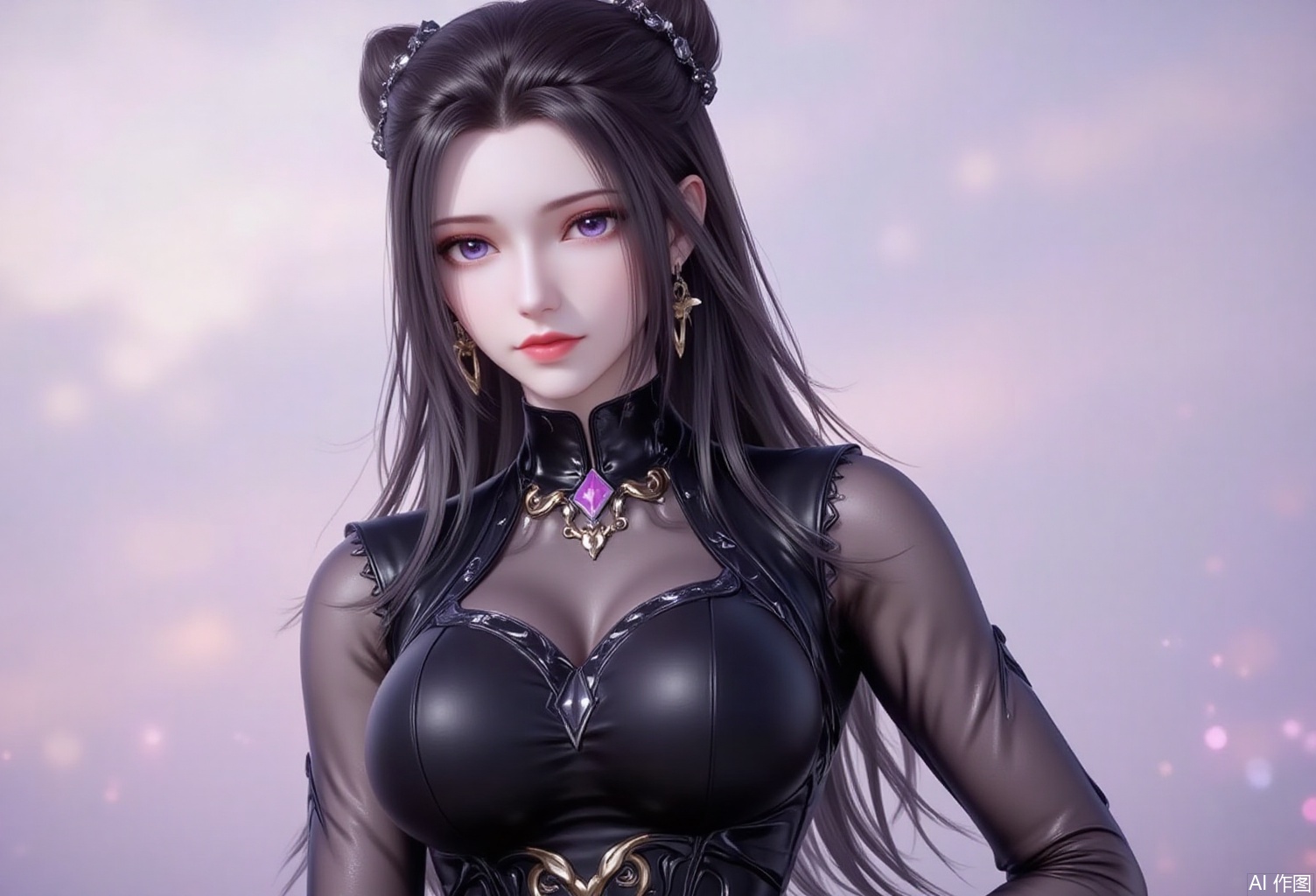 baoshi,lvjing,black hair,long hair,purple eyes,fair_skin,double bun,fair_skin,jewelry,earrings,1girl,solo,jewelry,earrings,see-through,dress,upper body,black dress,hand on own hip,breasts,see-through sleeves,13,cover,simple background,gradient background,close-up details,outstanding style,adding a touch of dimension to your images without compromising details,close-up,