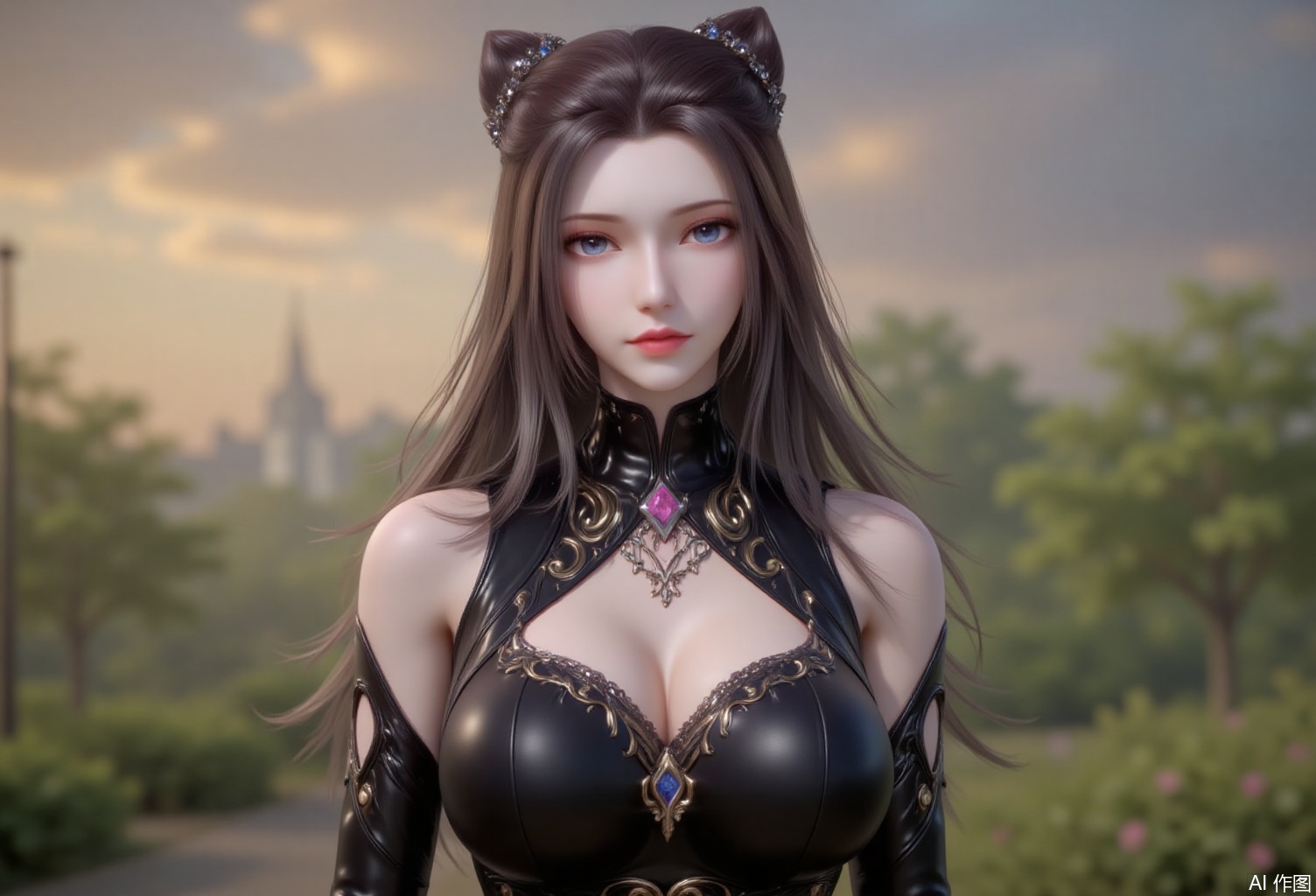 baoshi,lvjing,1girl,breasts,solo,blurry background,cleavage,looking at viewer,blurry,long hair,blue eyes,brown hair,detached sleeves,upper body,bare shoulders,large breasts,lips,hair ornament,dress,black dress,jewelry,hair bun,shiny,close-up details,outstanding style,(baoshi),adding a touch of dimension to your images without compromising details,close-up,