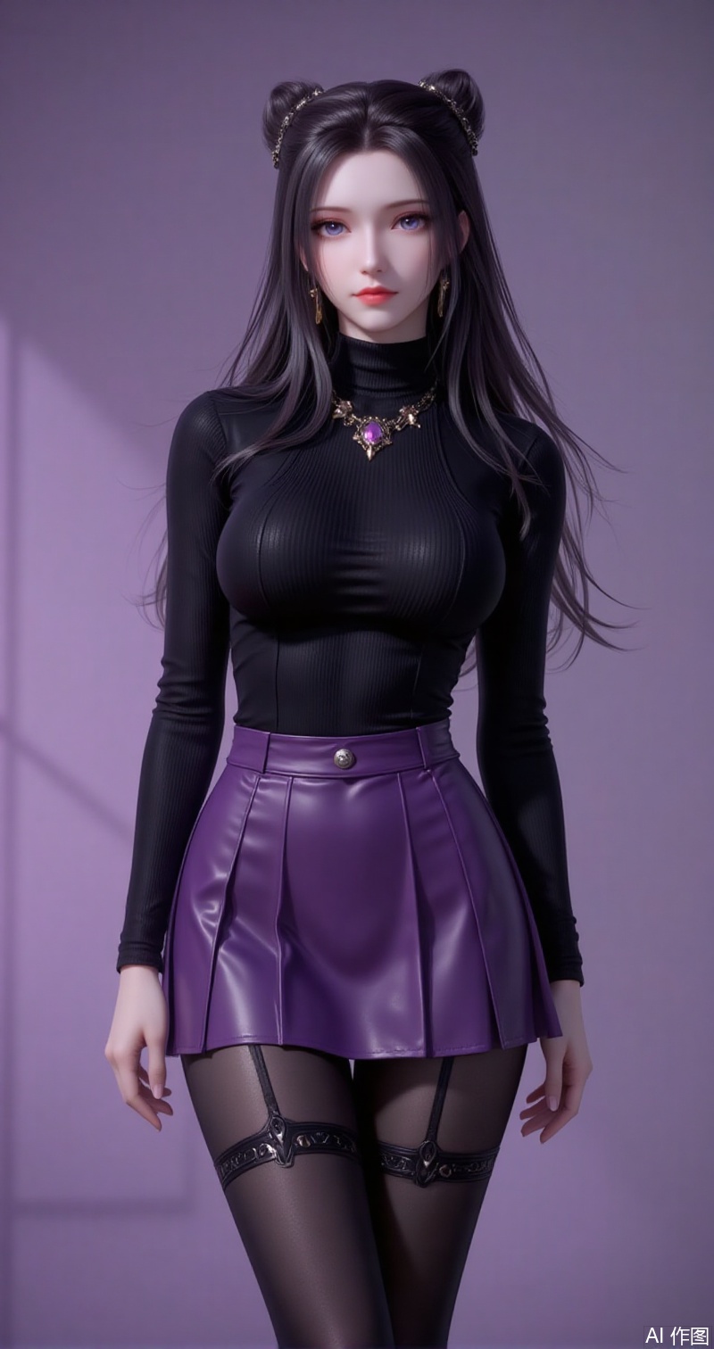 baoshi,lvjing,black hair,long hair,purple eyes,fair_skin,double bun,fair_skin,jewelry,earrings,1girl,pantyhose,breasts,skirt,solo,ass,large breasts,bangs,black pantyhose,looking at viewer,purple skirt,black sweater,long sleeves,underwear,sweater,turtleneck,pleated skirt,black shirt,gradient background,simple background,simple background,gradient_background,cover,Close-up details,outstanding style,adding a touch of dimension to your images without compromising details,close-up,