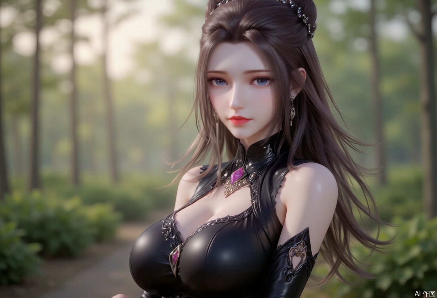 baoshi,lvjing,1girl,breasts,solo,blurry background,cleavage,looking at viewer,blurry,long hair,blue eyes,brown hair,detached sleeves,upper body,bare shoulders,large breasts,lips,hair ornament,dress,black dress,jewelry,hair bun,shiny,close-up details,outstanding style,(baoshi),adding a touch of dimension to your images without compromising details,close-up,