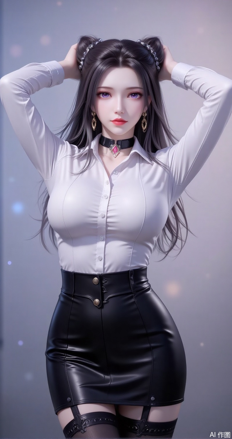 baoshi,lvjing,black hair,long hair,purple eyes,fair_skin,double bun,fair_skin,jewelry,earrings,1girl,solo,shirt,pencil skirt,skirt,white shirt,black skirt,looking at viewer,collared shirt,collar,thighhighs,long sleeves,arms up,arms behind head,choker,breasts,high-waist skirt,red lips,office lady,lips,standing,cowboy shot,indoors,buttons,black thighhighs,dress shirt,realistic,black choker,cover,simple background,gradient background,close-up details,outstanding style,adding a touch of dimension to your images without compromising details,close-up,