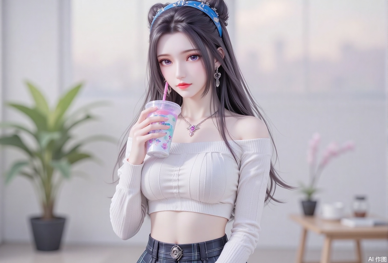 baoshi,lvjing,black hair,long hair,purple eyes,fair_skin,double bun,fair_skin,jewelry,earrings,1girl,skirt,plaid skirt,realistic,solo,plaid,cup,blurry background,blurry,looking at viewer,holding,disposable cup,holding cup,hairband,sweater,necklace,crop top,blue hairband,midriff,shirt,jewelry,white sweater,off shoulder,white shirt,4,cover,simple background,gradient background,close-up details,outstanding style,adding a touch of dimension to your images without compromising details,close-up