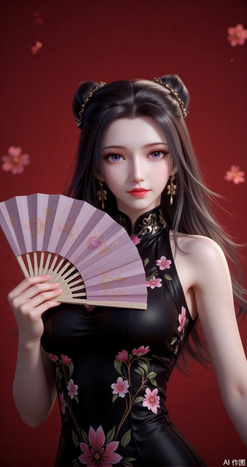 baoshi,lvjing,black hair,long hair,purple eyes,fair_skin,double bun,fair_skin,jewelry,earrings,1girl,dress,hand fan,holding,solo,earrings,jewelry,chinese clothes,china dress,black dress,holding fan,floral print,blurry,sleeveless,looking at viewer,sleeveless dress,red background,folding fan,standing,head tilt,2,cover,simple background,gradient background,close-up details,outstanding style,adding a touch of dimension to your images without compromising details,close-u