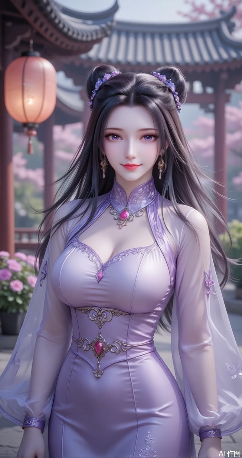 baoshi,lvjing,black hair,long hair,purple eyes,fair_skin,double bun,fair_skin,jewelry,earrings,1girl,solo,hair ornament,earrings,jewelry,lantern,dress,east asian architecture,architecture,butterfly hair ornament,long sleeves,dutch angle,wide sleeves,blurry,smile,12,cover,simple background,gradient background,close-up details,outstanding style,adding a touch of dimension to your images without compromising details,close-up,