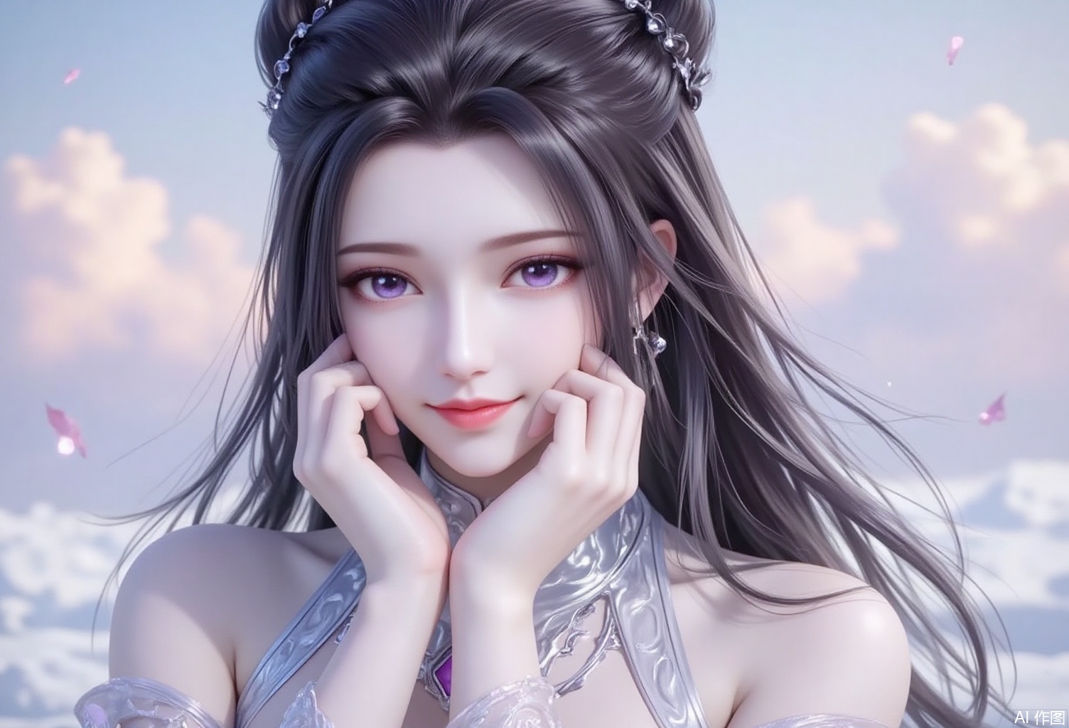 baoshi,lvjing,a beautiful portrait,a beautiful girl with both hands on the chin,show a shallow smile,the white theme,the background is dreamy sky,double bun head,long black hair,purple eyes