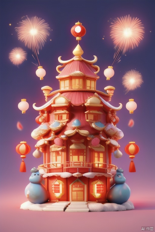 xinniankeai,This vibrant digital illustration depicts a traditional Chinese holiday night, with an adorable, Chinese-style anthropomorphic snake character in the middle of the frame celebrating the Chinese New Year. The character has large, expressive blue eyes, a fluffy white hat with red and blue ornaments, and festive attire against a backdrop of a brightly lit, ornate temple with red lanterns, gold ornaments, and a pagoda-like roof. Fireworks burst in the starry sky, casting a festive glow, and the clean and tidy streets add to the lively atmosphere. The painting is rich in detail and color, capturing the essence of the joyous celebration.