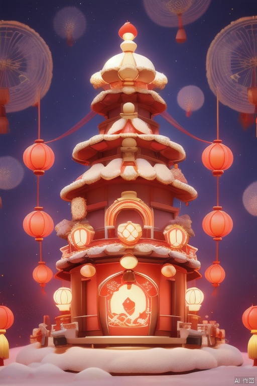 xinniankeai,This vibrant digital illustration depicts a traditional Chinese holiday night, with an adorable, Chinese-style anthropomorphic snake character in the middle of the frame celebrating the Chinese New Year. The character has large, expressive blue eyes, a fluffy white hat with red and blue ornaments, and festive attire against a backdrop of a brightly lit, ornate temple with red lanterns, gold ornaments, and a pagoda-like roof. Fireworks burst in the starry sky, casting a festive glow, and the clean and tidy streets add to the lively atmosphere. The painting is rich in detail and color, capturing the essence of the joyous celebration.