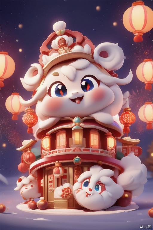 xinniankeai,This vibrant digital illustration depicts a traditional Chinese holiday night, with an adorable, Chinese-style anthropomorphic snake character in the middle of the frame celebrating the Chinese New Year. The character has large, expressive blue eyes, a fluffy white hat with red and blue ornaments, and festive attire against a backdrop of a brightly lit, ornate temple with red lanterns, gold ornaments, and a pagoda-like roof. Fireworks burst in the starry sky, casting a festive glow, and the clean and tidy streets add to the lively atmosphere. The painting is rich in detail and color, capturing the essence of the joyous celebration.