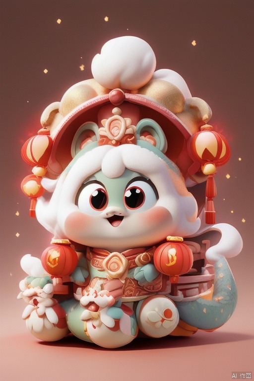 xinniankeai,This vibrant digital illustration depicts a traditional Chinese holiday night, with an adorable, Chinese-style anthropomorphic snake character in the middle of the frame celebrating the Chinese New Year. The character has large, expressive blue eyes, a fluffy white hat with red and blue ornaments, and festive attire against a backdrop of a brightly lit, ornate temple with red lanterns, gold ornaments, and a pagoda-like roof. Fireworks burst in the starry sky, casting a festive glow, and the clean and tidy streets add to the lively atmosphere. The painting is rich in detail and color, capturing the essence of the joyous celebration.